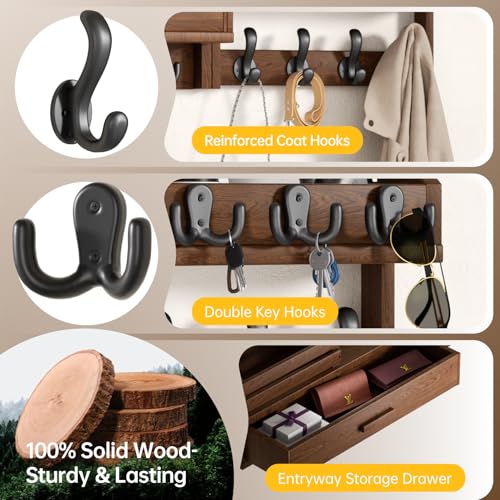 Wall Mounted Coat Rack with Shelf & Drawer, Heavy Duty Solid Wood Entryway Organizer, 29’’ Coat Rack Wall Mount with 12 Metal Hooks, Key & Mail Holder for Living Room, Bedroom