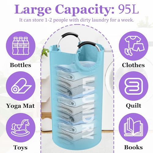 95L Foldable Blue Laundry Basket with Handles, Big Clothes Hamper for Bedroom, Dirty Clothes Basket Stand Upright, Portable Laundry Bag for Dorm, Nursery, Family, Blue - color: Blue, size: L-95L