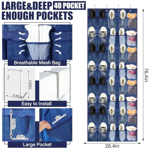 Windyun 40 Large Over the Door Hanging Shoe Organizer Navy Blue Mesh Pockets Shoe Rack for Closet Behind Door Hanger Storage Holder Nonslip for Cruise Essentials, Dorm Room Storage, Utility Room - color: Navy Blue