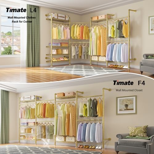 Timate F4 Wall Mounted Clothes Rack Industrial Pipe Clothing Rack for Hanging Clothes, Expandable Garment Rack Heavy Duty Wardrobe Closet Organizer and Storage, Adjustable Industrial Closet Kit, Gold - color: Gold