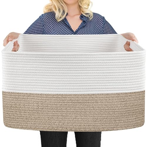 MEGASKET Extra Large Blanket Basket, 22" x 17" x 12" Rectangle Blanket Storage for Living Room, Soft Kids Dog Toy Basket Bin, Cotton Rope Baskets for Storage, Woven Throw Pillow Organizer Holder - color: White & Brown, size: 22"x17"x12"