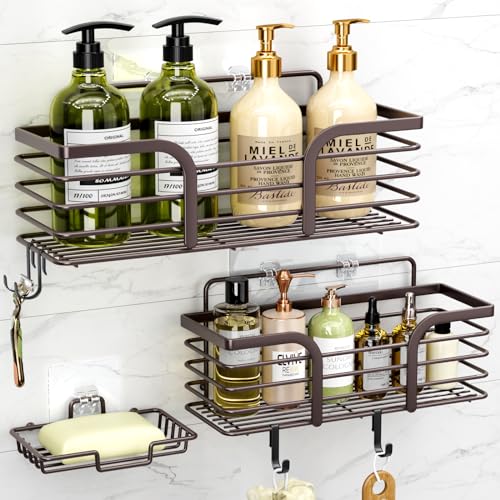 Yougai Shower Caddy, Shower Organizer with Soap Holder and Hooks, Rustproof Shower Shelves, No Drilling Bathroom Organizers and Storage, Wall-Mounted Kitchen & Home Decor (Brown) - color: Brown