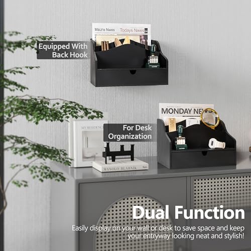 Rebee Vision Pine Wooden Mail Organizer for Desk - Modern Farmhouse Desk Organizer with Drawer & Dividers - 4-Slot Letter Sorter for Mail & Small Essentials - Office Organizer for Home Decor (Black) - color: A-Black