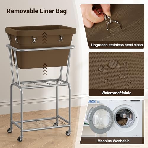 ELYKEN Rolling Laundry Hamper with Wheels, Laundry Cart with Removable Bag, Heavy Duty Metal Frame, 2-Tier Clothes Basket Hamper with Shelf for Closet, Bedroom, Bathroom, Laundry Room, Camel Brown - color: Camel Brown, size: 20.3"l X 15.9"w X 30.9"h
