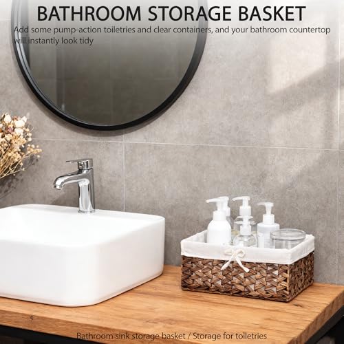 Water Hyacinth Storage Basket Small with Metal Frame & Removable Liner, 11.8”×7.9”×5.5” Rectangular Woven Organizer Bin for Bathroom Vanity, Desk, Nursery, Closet, Home Organization - size: Small