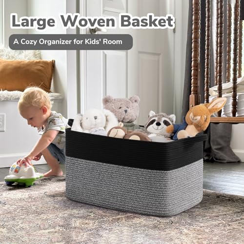 Goodpick Large Woven Blanket Basket 21.6" x 14.9" x 11.8" Storage Baskets for Organizing, Rectangle Baby Toy Bins for Kids Organizer Living Room Bedroom, Black & Gray - color: Black & Gray, size: Large(21.6"L x 14.9"W x 11.8"H)