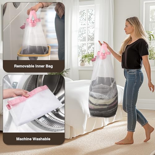 100L Laundry Hamper with Lid, Large Laundry Basket with Bamboo Handles, Clothes Hampers for Laundry with Removable Bag, Dirty Clothes Hampers for Bedroom Aesthetic, Pink - color: Pink