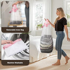 100L Laundry Hamper with Lid, Large Laundry Basket with Bamboo Handles, Clothes Hampers for Laundry with Removable Bag, Dirty Clothes Hampers for Bedroom Aesthetic, Pink - color: Pink
