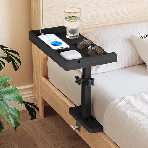 Wealone Adjustable Bedside Shelf for Bed, College Dorm Room Essentials, Bamboo Bed Side Tray Table with Sturdy Metal Pole, Clip On Nightstand Organizer for College, Apartment, Bunk Beds - color: Black