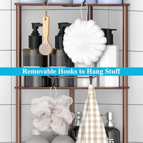 HuggieGems 4 Tier Floor Standing Corner Shower Caddy Organizer Shelf with Hooks, Bathroom Shelves Stand Rack, Coffee - color: Coffee, size: 4 Tier