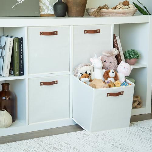 OrganiHaus 13" x 13" x 13" Cube Fabric Storage Bins Set of 4, Canvas Storage Cubes w/ Vegan Handles, 13 inch Collapsible Bins for Clothes & Toy Organizer, 13x13 Basket for Decor - White - color: Off-White, size: (13x13) Leather Handles