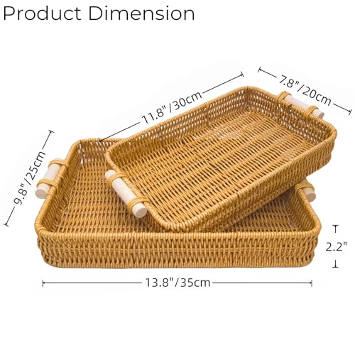 GIB Woven Baskets Serving Trays with Handle, Small Rectangle PP Wicker Rattan Trays Bread Basket for Serving Food, Vegetables, Breakfast, Coffee Table Decor, 14" & 12", Set of 2 - color: Rectangular - Set of 2