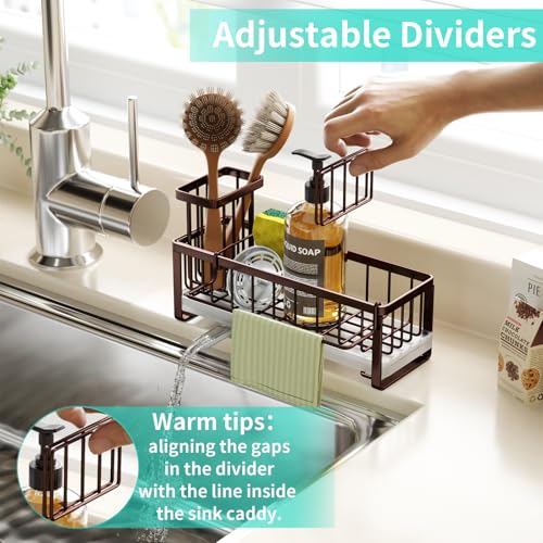 HapiRm Sponge Holder for Kitchen Sink - Self-draining Sink Caddy with Brush and Dishcloth Holders, Stainless Steel Kitchen Organizer for Countertop - Bronze - color: Bronze, size: with Dishcloth Holder