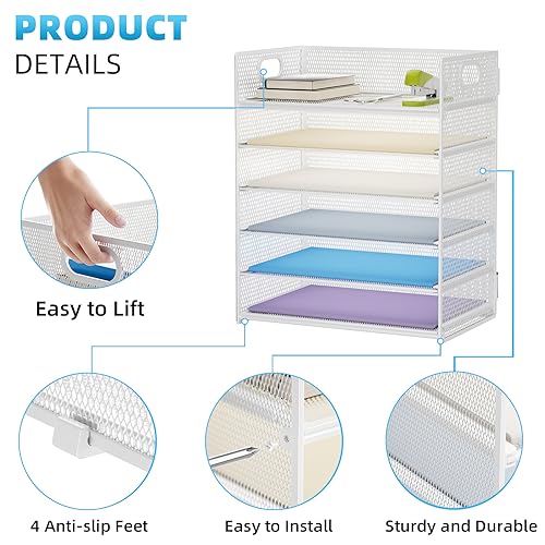 Marbrasse 6 Tier Paper Organizer Letter Tray - Mesh Desk File Organizer with Handle, Paper Sorter for Letter/A4 Office File Folder Holder - White - color: 6 Tier - White