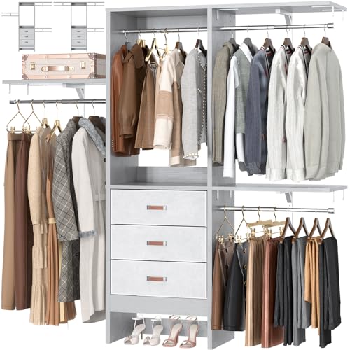 Armocity 5FT Small Closet System with 3 Fabric Drawers, 60 Inches Walk In Closet Organizer System With 3 Adjustable Shelves, Heavy Duty Clothes Rack Built-In Garment Rack, 59" L x 16" W x 71" H, Grey - color: Grey