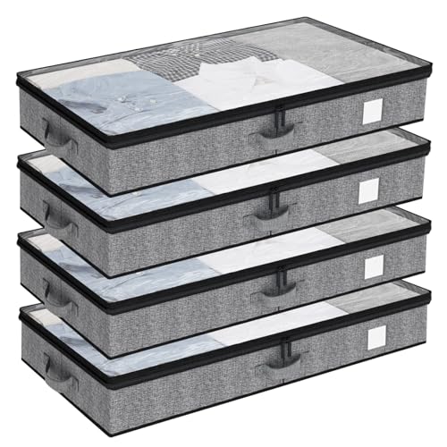 Fixwal Under Bed Storage Containers 4 Pack, Reinforced Underbed Organizer Below 4.5 Inches Low Profile Clothes Storage Bins with Sturdy Sidewalls and Bottom
