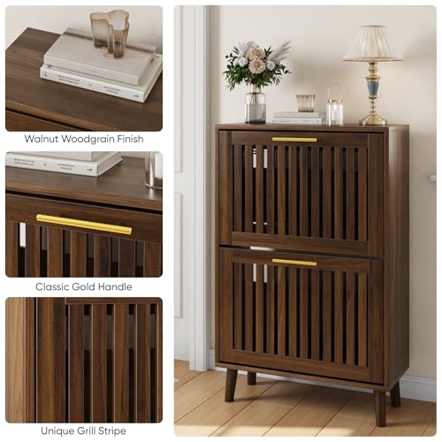 Smart FENDEE Shoe Cabinet Storage for Entryway with 2 Flip Drawers, Slatted Shoe Cabinet with Golden Handle, Wooden Hidden Shoe Rack Freestanding Narrow Slim Shoes Organizer for Hallway, Entrance - color: Walnut, size: 23.62" W