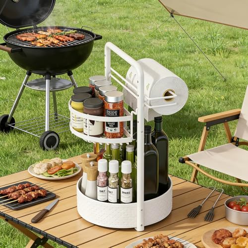 Rotating Spice Rack with Paper Towel Holder, 2 Tier Turntable Lazy Susan, Seasoning Organizer for Kitchen Countertop Cabinet, White - color: White