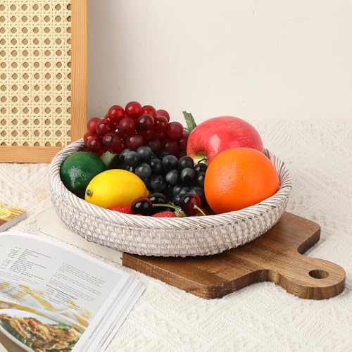 Hipiwe Key Basket Bowl for Entryway 10" Round Woven Wicker Fruit Tray Serving Tray Decorative Storage Organizer for Wallet Cellphone Basket Bowl for Kitchen Living Room, Medium - color: Whitewash, size: Medium, 9.9"