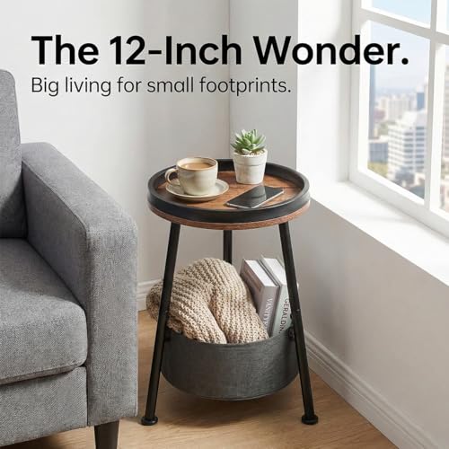 LEMONDA Small Round Side Table with Storage Basket, 11.8" Compact End Table with Tray Top & Fabric Bin, Rustic Wood Bedside Nightstand for Living Room, Bedroom, Small Spaces - color: Rustic Brown