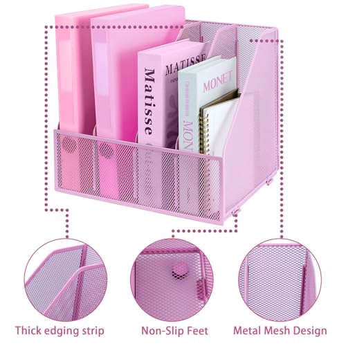 Desk Organizers, Metal Magazine File Holder with 4 Vertical Compartments Rack Binder File Organizer for Office Supplies, Home Workspace - Pink - color: Pink, size: 4 Compartments
