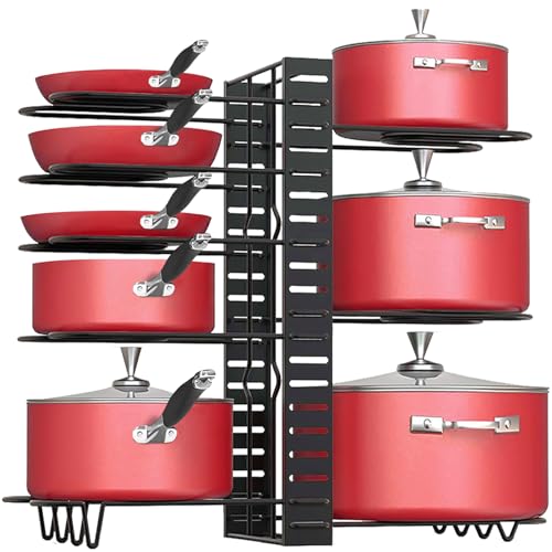 Podxco Pot and Pan Organizer for Under Cabinet, 8 Tiers Adjustable Pan Organizers Inside Cabinet with 3 DIY Methods, Upgrade of Pan Organizer Balance Ability, Kitchen Pan Rack Organizer for Cabinet