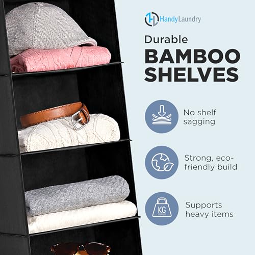 Handy Laundry Hanging Closet Organizer - 6 Shelf Storage for Clothes, Sweaters, Shoes & Accessories - Space-Saving Wardrobe Shelves with Hooks for Dorm, RV & Small Closet Organization (Black) - color: Black