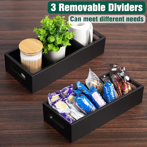14 Inch Bathroom Basket with Removable Dividers - 3 Comparments Wood Toilet Paper Basket with Handle for Back of Toilet Tank Topper - Black Storage Organizer for Bathroom Kitchen Pantry Organization - color: Black