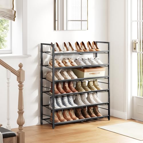 6 Tier Metal Shoe Rack, Tall Shoe Organizer Holds 24-30 Pairs, with Adjustable Flat or Angled Shelves, Shoe Storage Shelf for Closet, Entryway, Garage, Black - size: 6-Tier