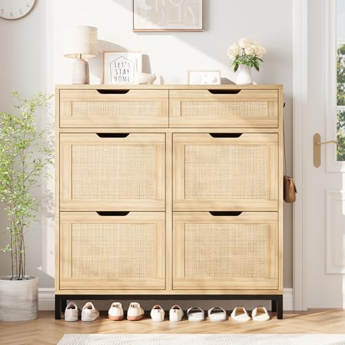 Jocoevol Rattan Shoe Cabinet for Entryway with 4 Flip Drawers and 2 Drawers, Narrow Freestanding Shoe Storage Cabinet with Metal Legs for Entryway/Hallway/Foyer (Natural) - color: Natural