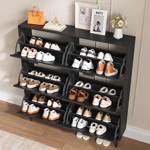 BORNOON Shoe Cabinet for Entryway with 6 Flip Drawers, Slim Wooden Shoe Storage Organizer with Modern Fluted Pannel，Freestanding Narrow Hidden Shoe Rack for Hallway, Foyer, Living Room - color: Black, size: 6 Flip Drawers