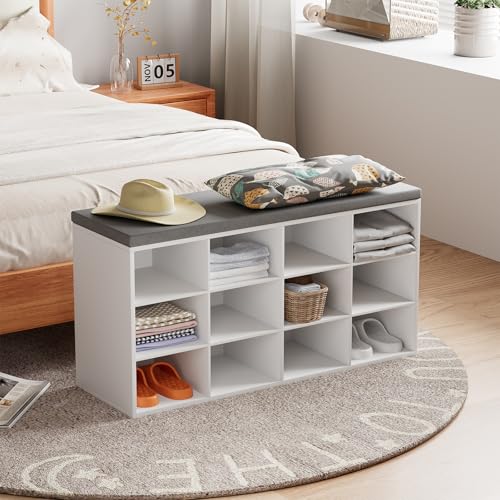 Aenuert 12-Cubby Shoe Rack with Cushion, 3-Tier Wood Shoe Organizer, Multifunctional Shoe Organizer Bench for Entryway, Mudroom, Hallway, Closet,36.22 * 11.81 * 17.7 Inch, White - color: White Cushion, size: 12-cube 3-tier