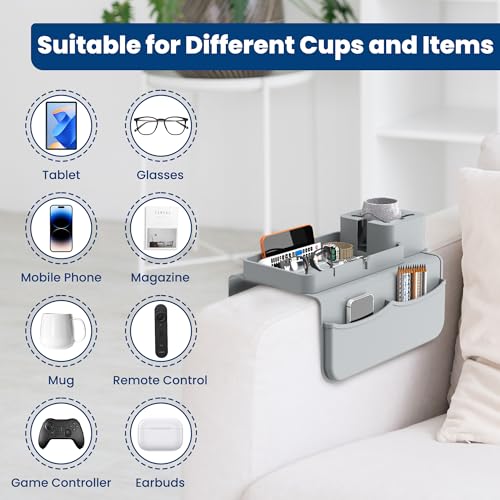 ENNVA Couch Arm Cup Holder Tray, Silicone Anti-Slip Sofa Armrest Table with Dual Side Storage Pockets, Drink Holder, Phone Stand & Remote Organizer, Couch Caddy for Wide Armrest (Gray)