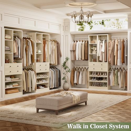 Besiost Closet System, Up to 134"/11.2 FT Closet Organizer with 4 Wooden Drawers and Shelves, Walk-in Closet System with 6 Hanging Rods, Built-in Closet Can Fit 96"/8FT, 120"/10FT, Greige Oak - color: Greige Oak, size: Style A: 77.6"—134"(W)