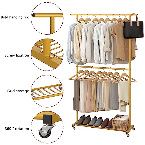 Sywhitta Double Rod Clothing Garment Rack, Rolling Coat Hanger with Bottom Mesh, Clothing Rack for Hanging Clothes, Coats, Skirts, Sweaters, Gold - color: Gold, size: With mesh