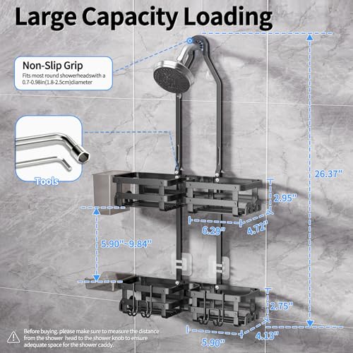 GAOKASE Aluminum Shower Caddy Hanging, Never Rust Shower Organizer- 4 Levels with adjustable Height 10 Hooks for Razor/Sponge - Rack with Soap Basket (Black-1) - color: Black-1
