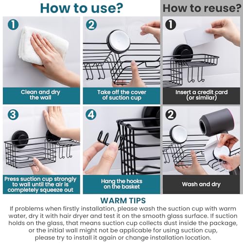TAILI Shower Caddy Suction Cup with Hooks and Soap holder, Heavy Duty Bathroom Shower Organizer, No Drilling Bathroom Holder with Large Capacity, Metal Black Storage Basket - style: 1×Black