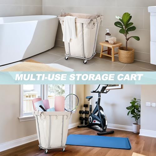 PLKOW Laundry Basket with Wheels 120L Heavy-Duty Laundry Cart with Removable Waterproof Bag, Metal Frame Clothes Basket with Lockable Casters for Home, Laundry Room, Hotel, Beige - color: Beige-120L