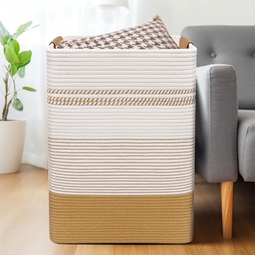DOFASAYI Laundry Hamper - 85L Large Laundry Basket with Leather Handles, Decorative Storage Basket for Blankets - Clothes Hamper for Living Room, Bedroom, Jute & White - color: Jute & White, size: 85L