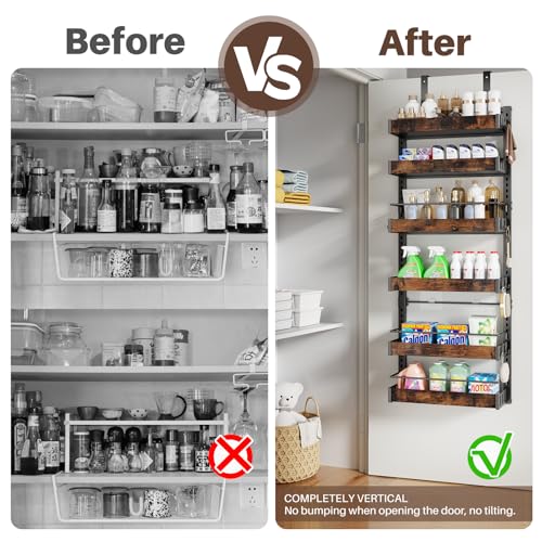 6 Tier Over The Door Pantry Organizer, 2 IN 1 Wall Mount or Metal Hanging Spice Rack for Pantry Organizers and Storage, Seasoning Shelves，Adjustable Basket with Hooks for Kitchen Cabinet and Closet - size: 6 Tier