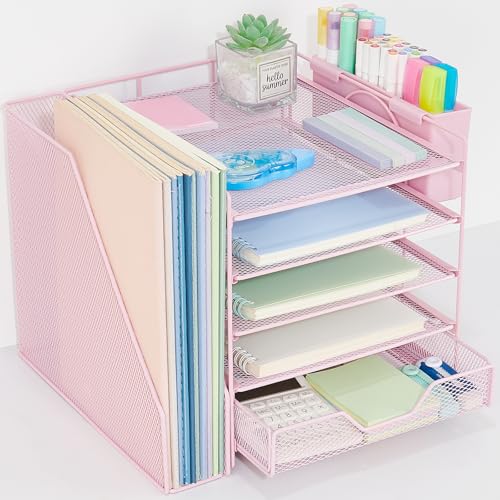 Desk Organizer, 5-Tier Paper Letter Tray Organizer with File Holder, Drawer and Pen Holder, Desktop Organizer for Office Supplies, Pink - color: Pink