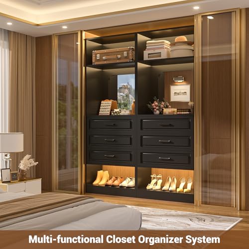 Unikito 25”Freestanding Closet System with 3 Drawers, Organizer Wardrobe with Storage Shelves and Mirror, Sturdy Wood Walk-in Organizer Systems for Small Closets, 25" W x 16" D x 80" H, Black - color: Black, size: 25 Inch