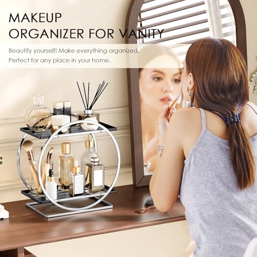 2-Tier Bathroom Organizer Countertop, Silver Black Perfume Organizer for Dresser, Multi-Purpose Makeup Organizer, Large Cosmetic Skincare Organizers, Exquisite Vanity Storage, Ideal for Gift - color: Silver Black
