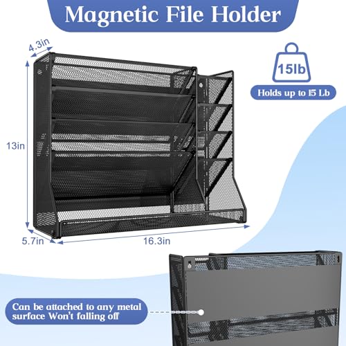 Magnetic File Organizer 5-Tier, No Drilling Installation, Office Magnetic Paper Holder with R-shaped Tray, Wall Hanging File Organizer, Mail Organizer for Refrigerator & Whiteboard & File Cabinet - size: 5-Tire & Magnetic