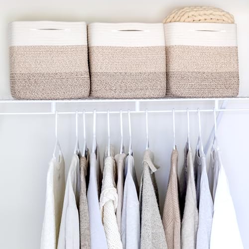 NaturalCozy Storage Cubes 11 Inch Cotton Rope Woven Baskets for Organizing, 3-Pack | Cube Storage Bin | Square Storage Baskets for Shelves Organizer, Classroom, Kids Toy Bins, Closet, Baby Nursery - color: 3-Tone Brown