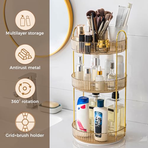 360° Rotating Makeup Organizer, Upgraded 3 Tier Skincare Perfume Organizers for Women, Bathroom Organizer Countertop, Clear Cosmetic Dresser Organizer with Makeup Brush Holder, Sink&Counter(Amber) - color: Gold, size: 3 Tier