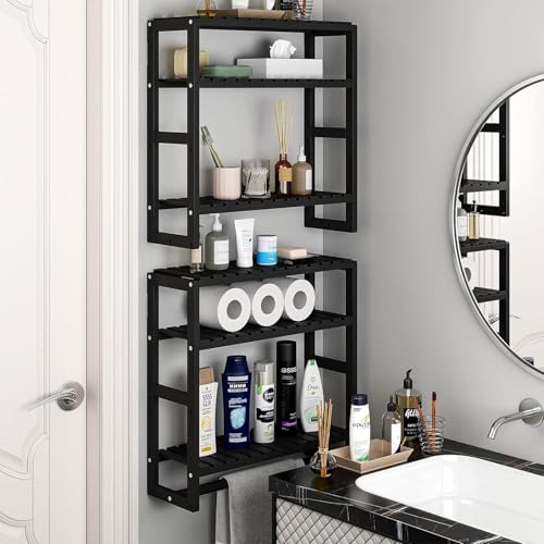 Galood Over The Toilet Storage Bathroom Shelves Wall Mounted 3 Tier Space Saver Corner Shelf Organizer Bamboo Towel Rack Toilet Paper Cabinet with Hanging Rod Black Sets - color: Black 2pack, size: Standard