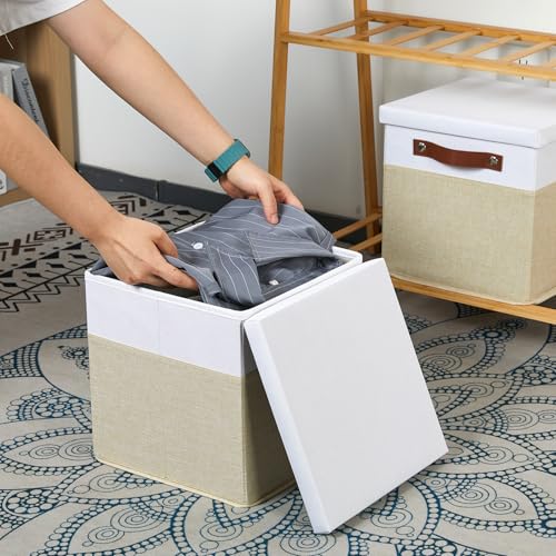 Temary Foldable Fabric Storage Bins with Lids, 2-Pack Storage Bin for Organizing Living Room, Closet Organization, Multi-Purpose Storage Boxes for Clothes (White&Khaki, 10.5x10.5x10.5in) - color: White&Khaki, size: 10.5×10.5×10.5
