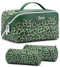 Travel Makeup Bags Organizer for Women: 3 Pcs Set Cosmetic Bag - Large Make up Bag with Compartments - Flat Open Waterproof Leather Toiletry Bags for Skincare, Brushes & Travel Essentials - Green - color: 09-Green