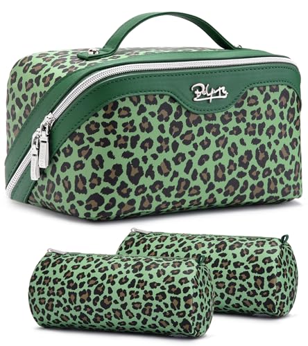 Travel Makeup Bags Organizer for Women: 3 Pcs Set Cosmetic Bag - Large Make up Bag with Compartments - Flat Open Waterproof Leather Toiletry Bags for Skincare, Brushes & Travel Essentials - Green - color: 09-Green